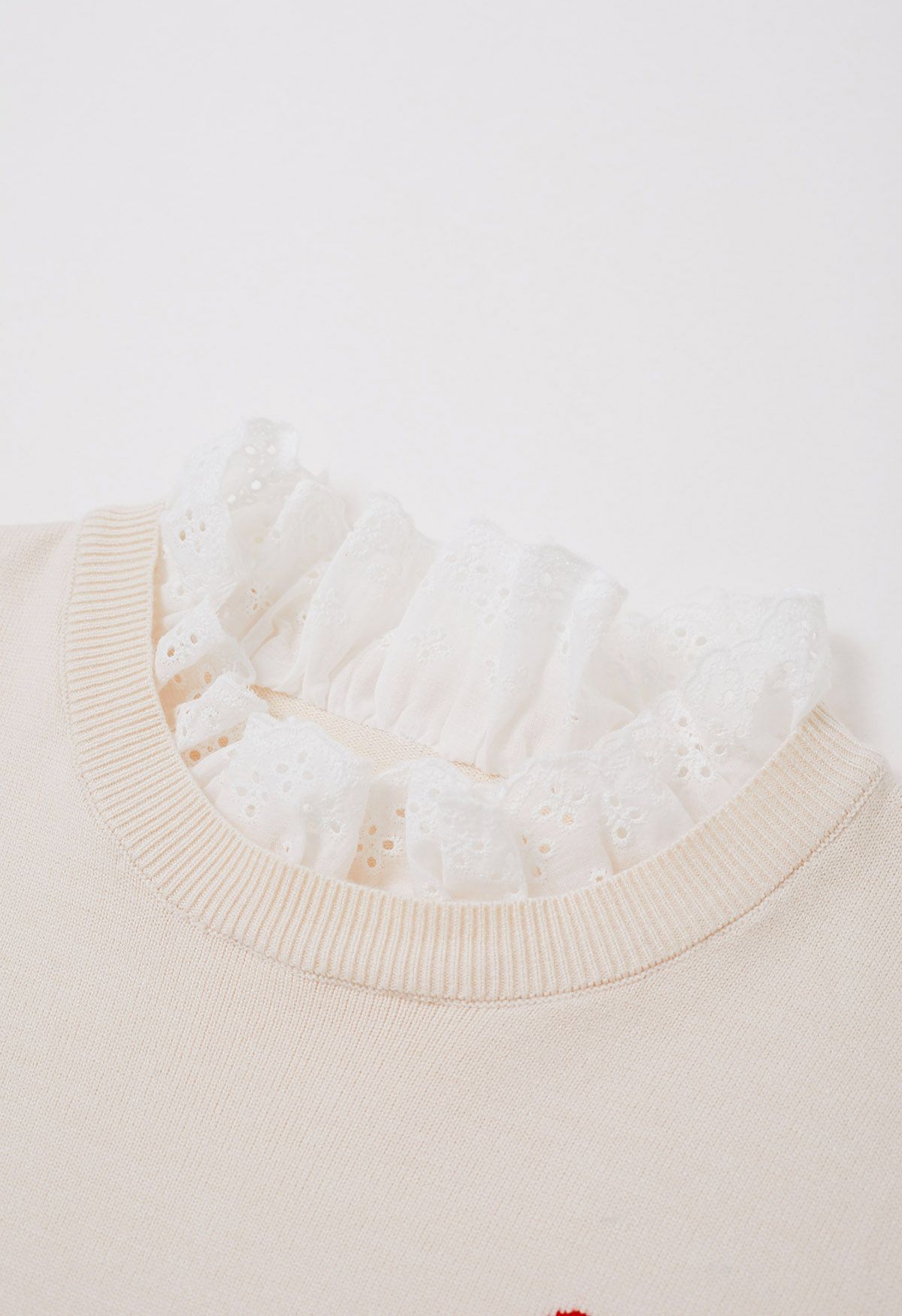 Red Heart Cotton Ruffle Spliced Knit Top in Sand