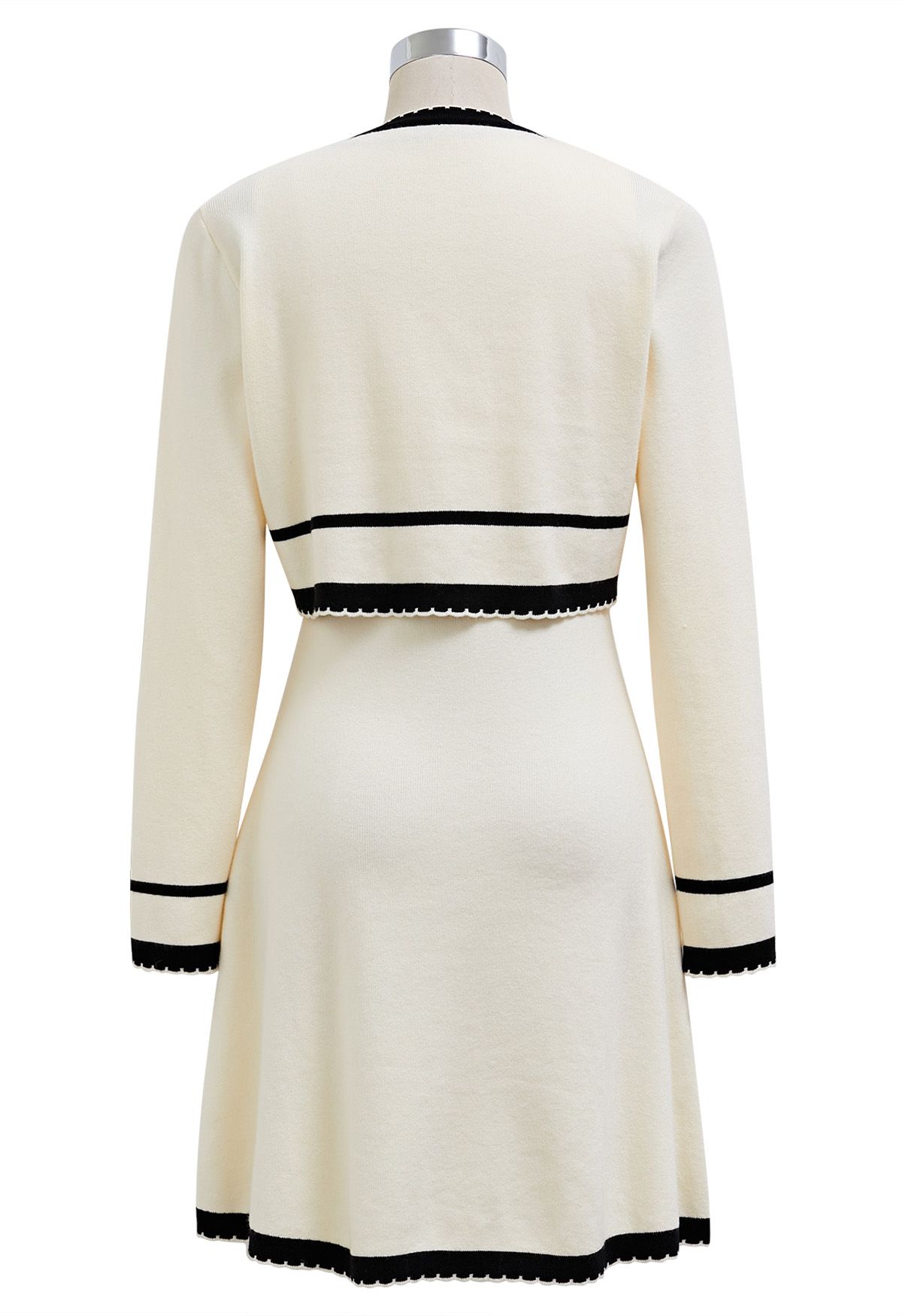 Contrast Edges Crop Knit Cardigan and Dress Set in Cream