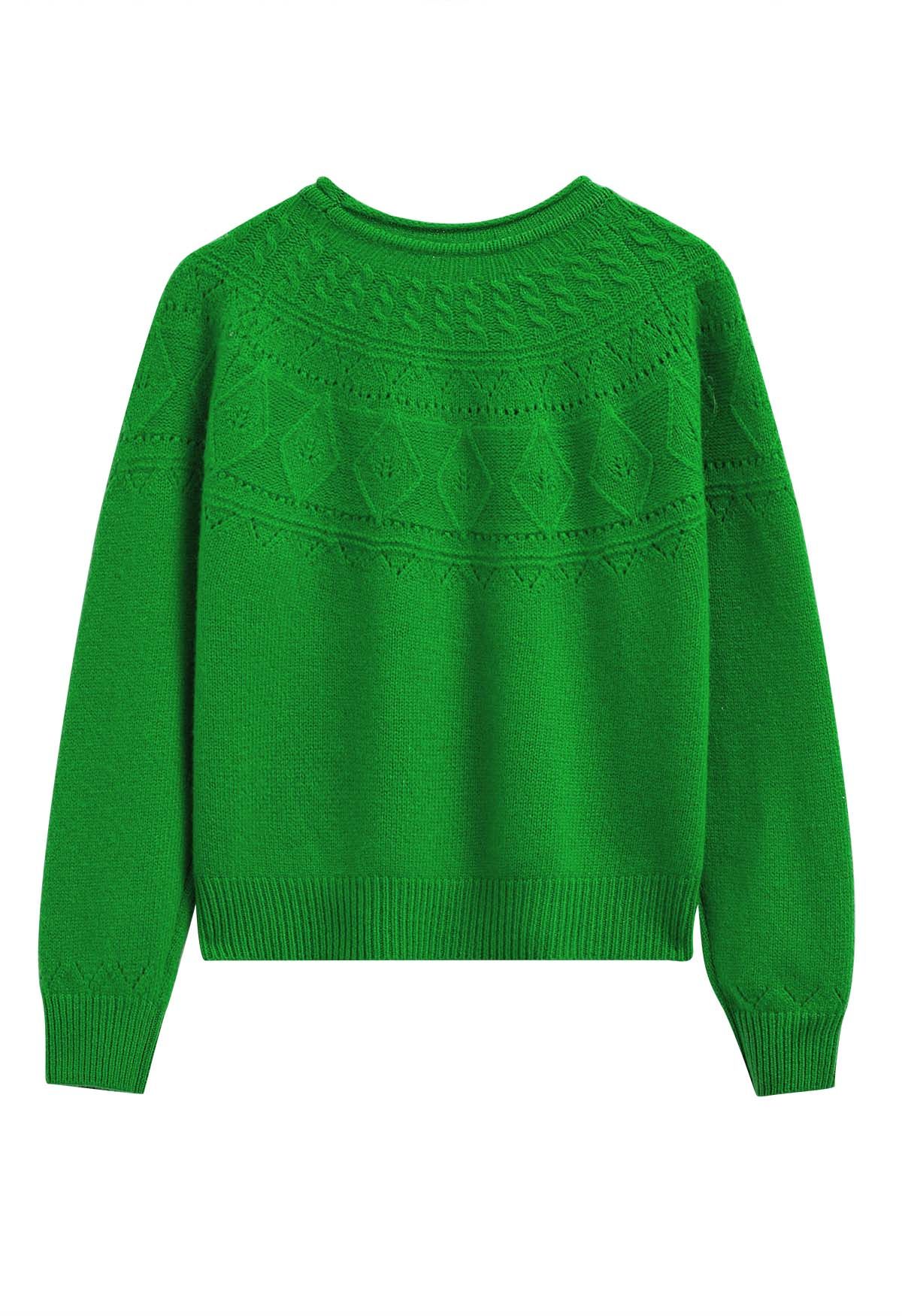 Hollow Out Diamond Knit Sweater in Green