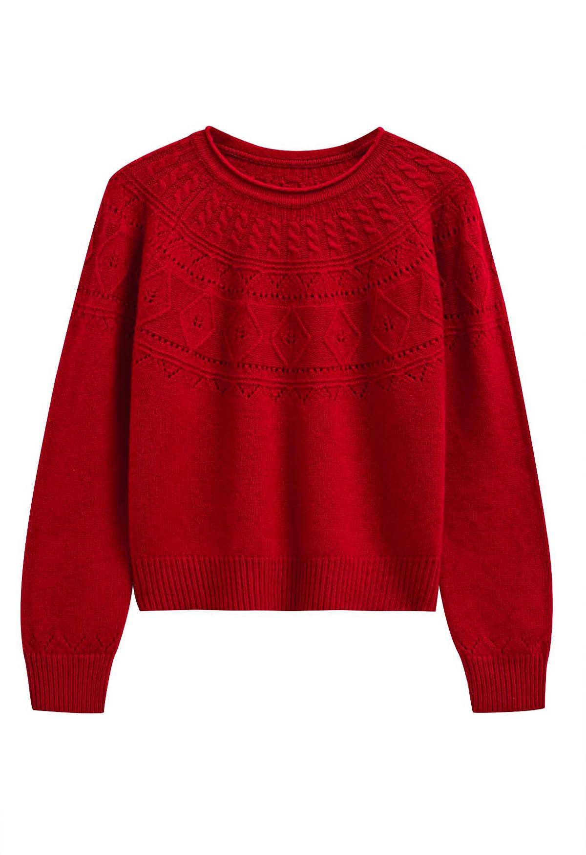 Hollow Out Diamond Knit Sweater in Red