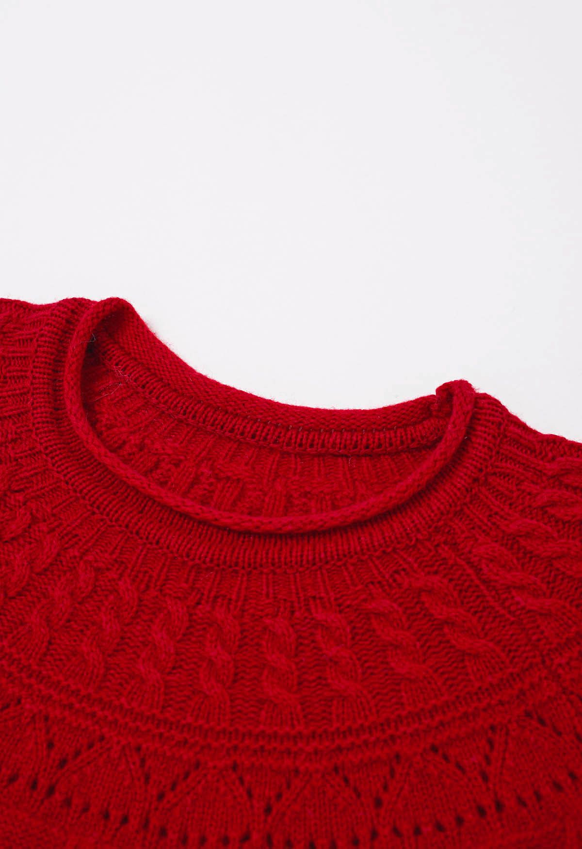 Hollow Out Diamond Knit Sweater in Red