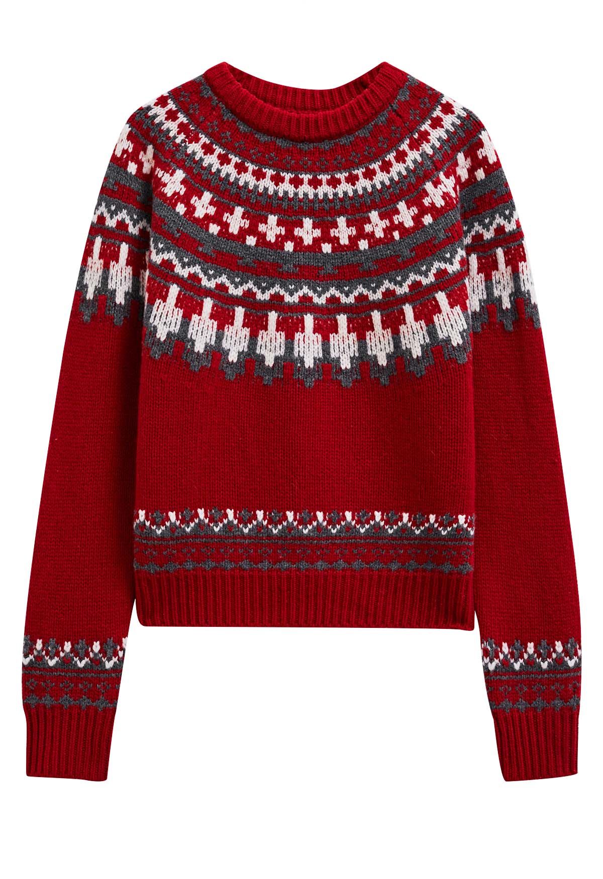 Nordic-Inspired Fair Isle Knit Sweater in Red