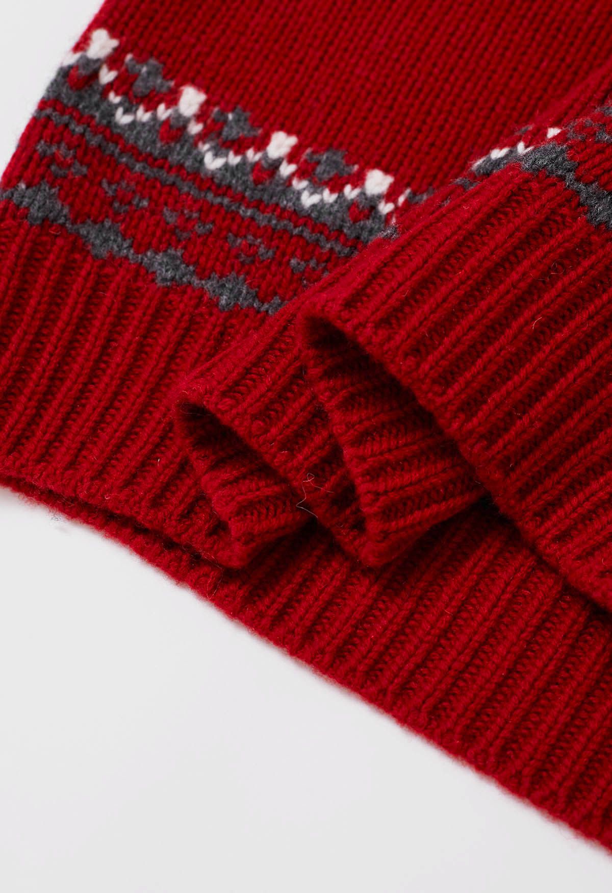 Nordic-Inspired Fair Isle Knit Sweater in Red