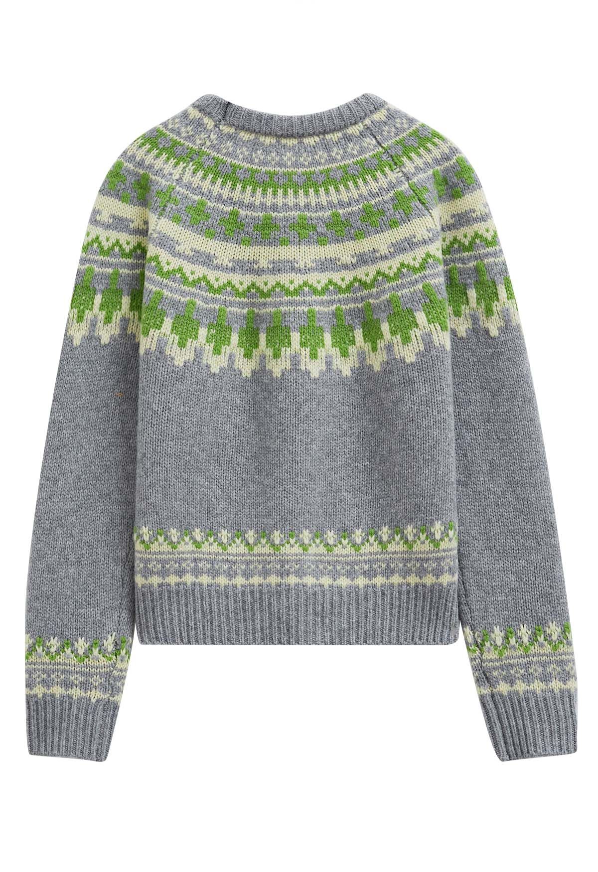 Nordic-Inspired Fair Isle Knit Sweater in Grey