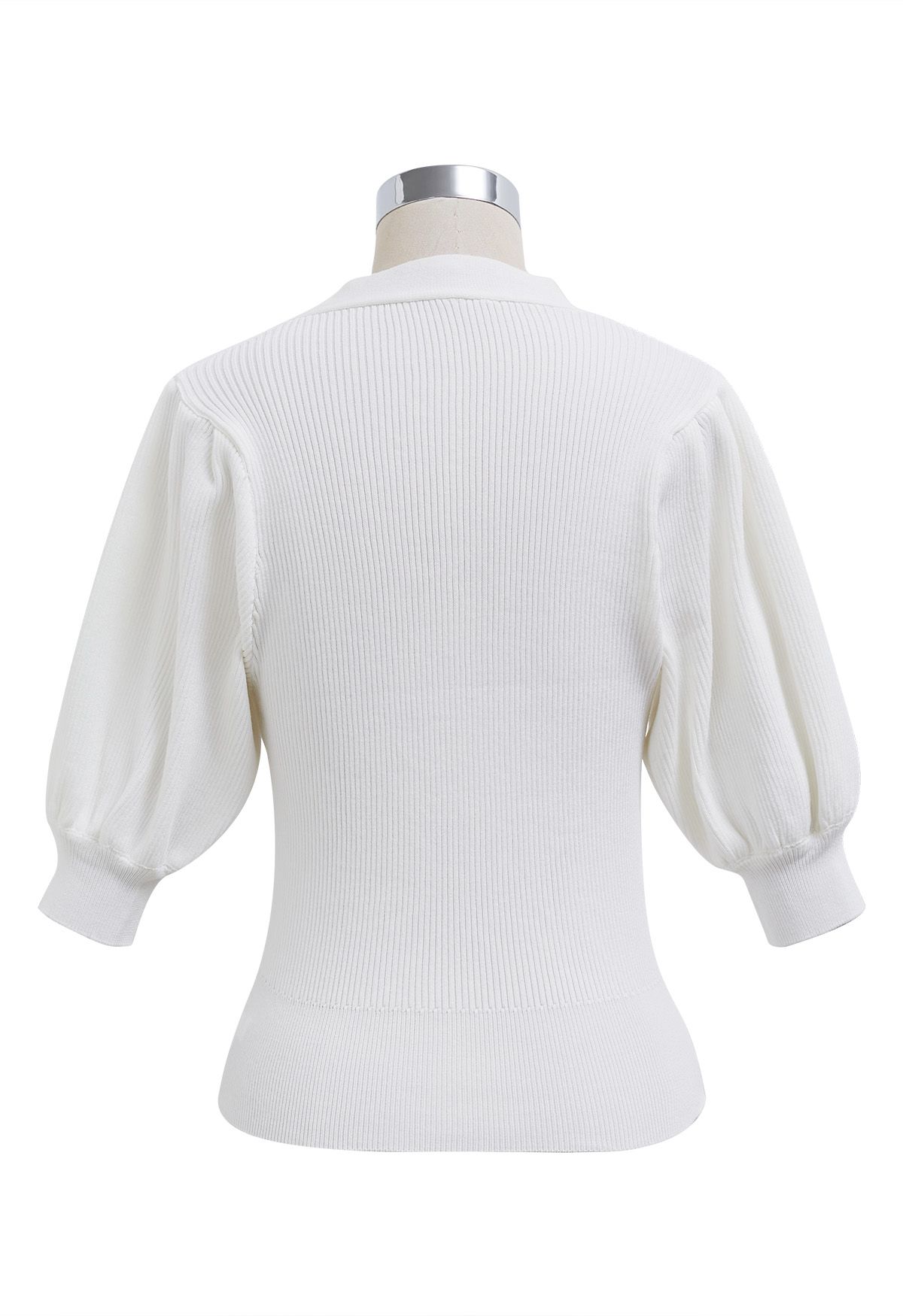 Bubble Sleeve V-Neck Buttoned Knit Top in White