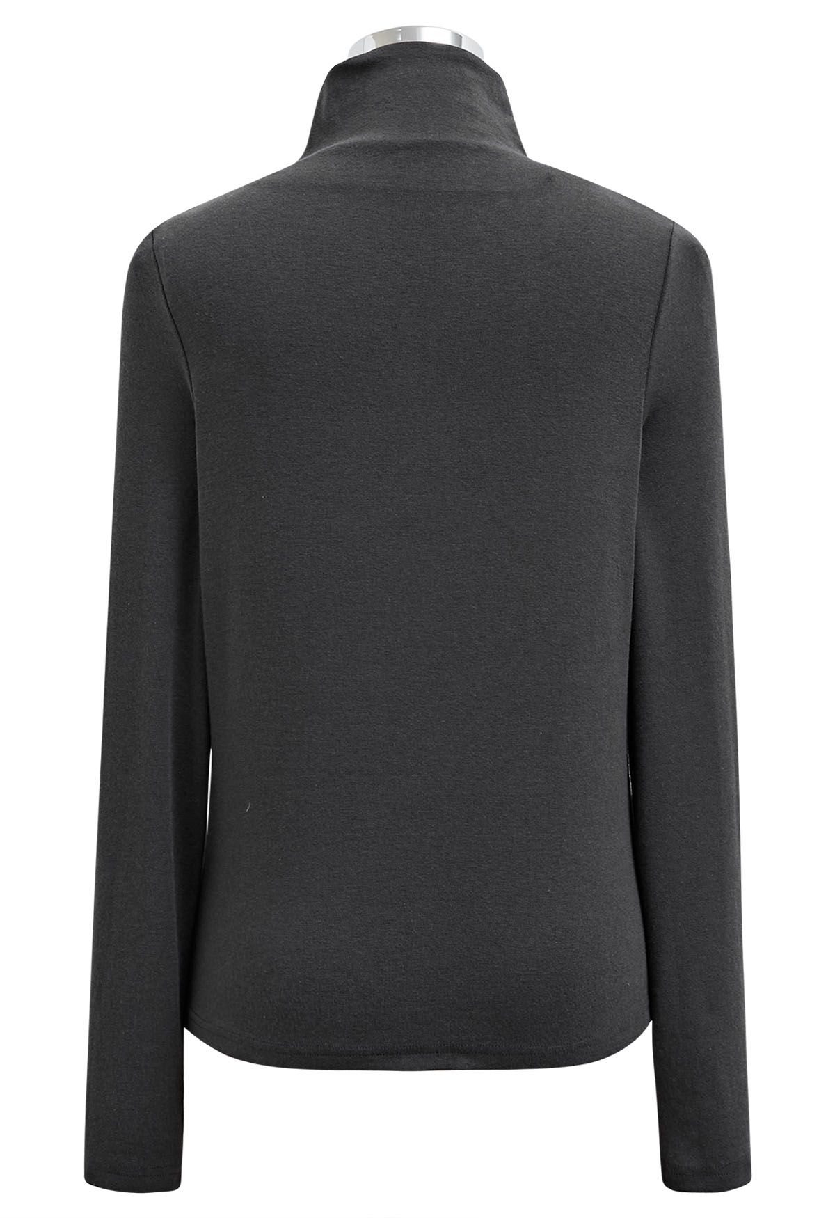 Chic Self-Tie Knotted Mock Neck Top in Smoke