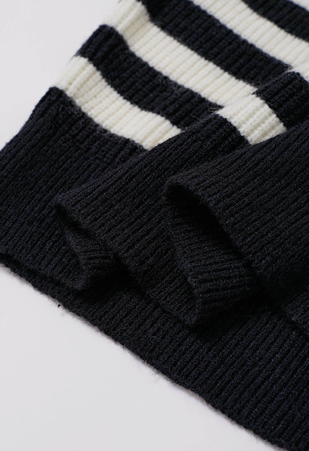 Flap Collar Zipper Neck Striped Knit Sweater in Black