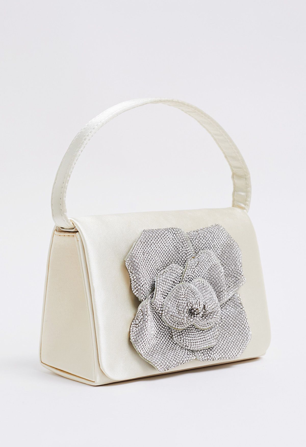 Radiant Rose Embellished Satin Handbag in Champagne