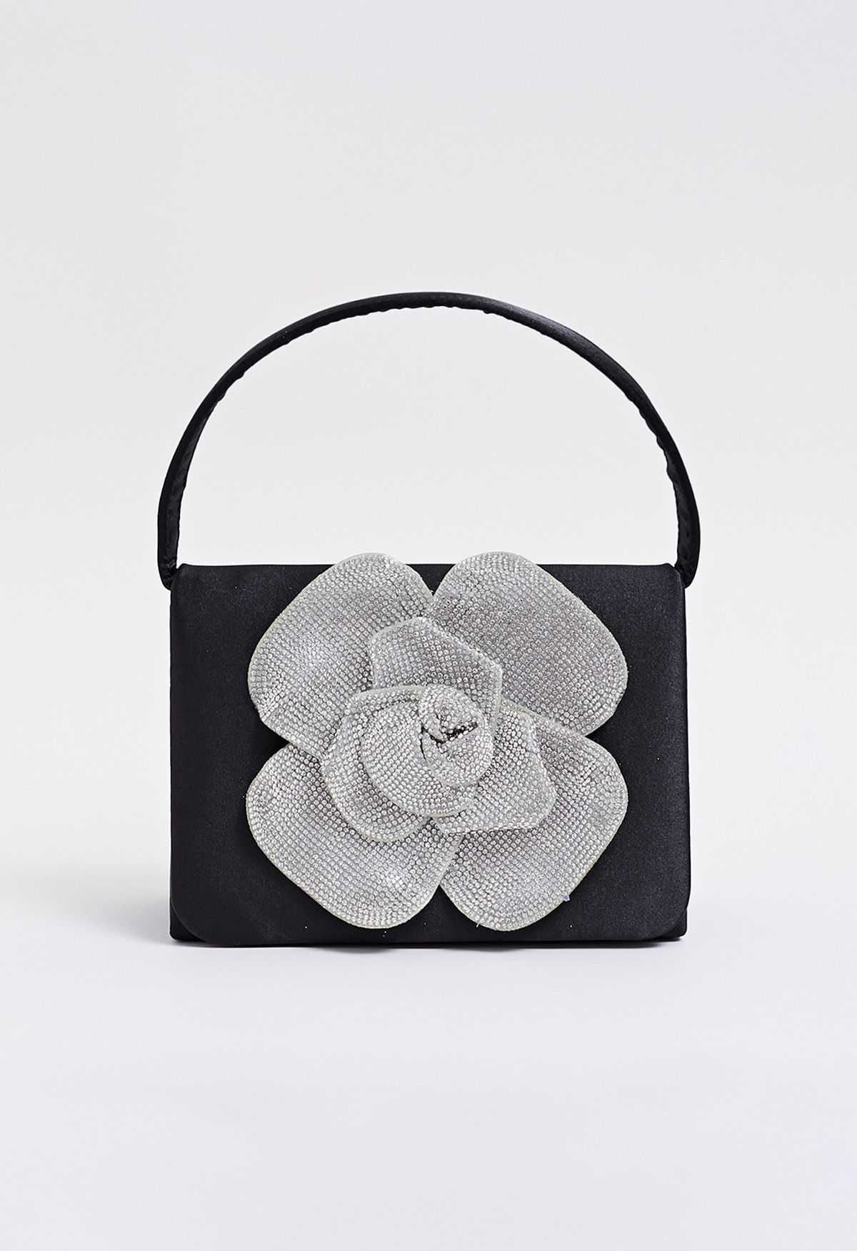 Radiant Rose Embellished Satin Handbag in Black