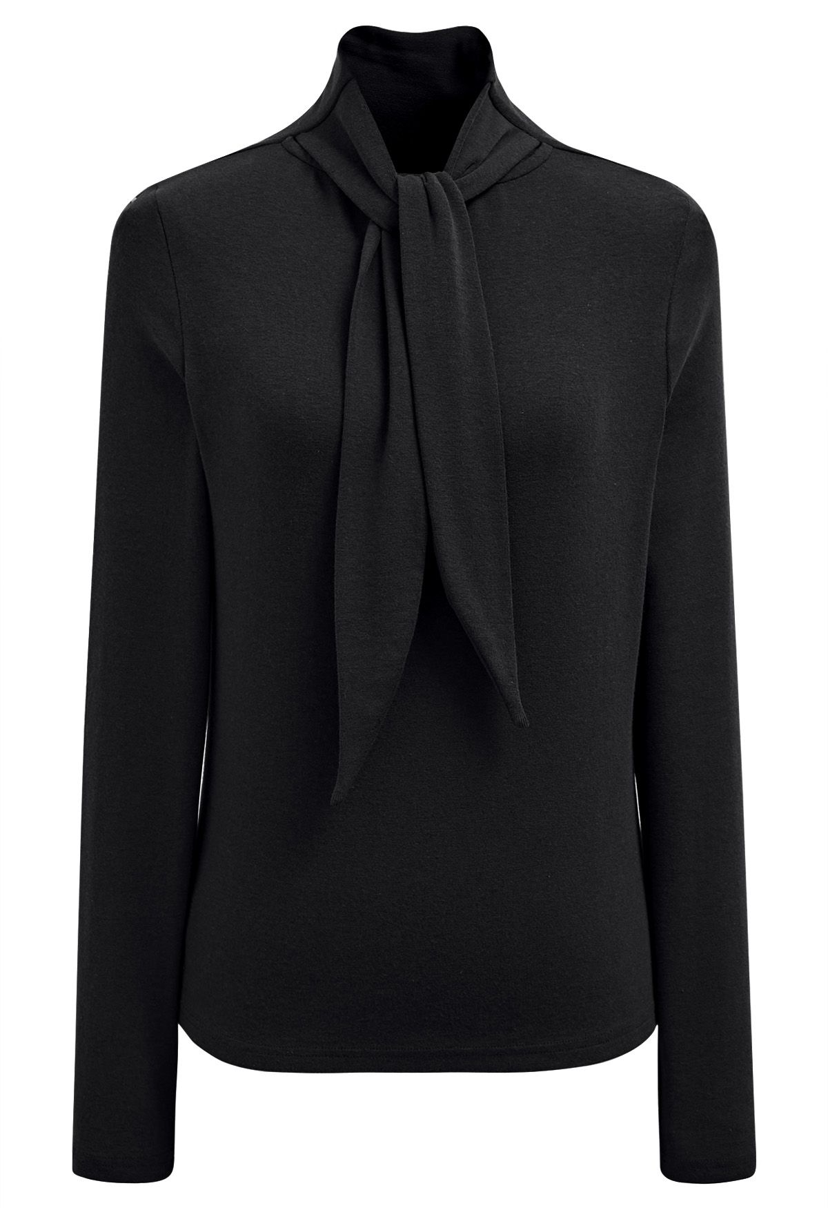 Chic Self-Tie Knotted Mock Neck Top in Black