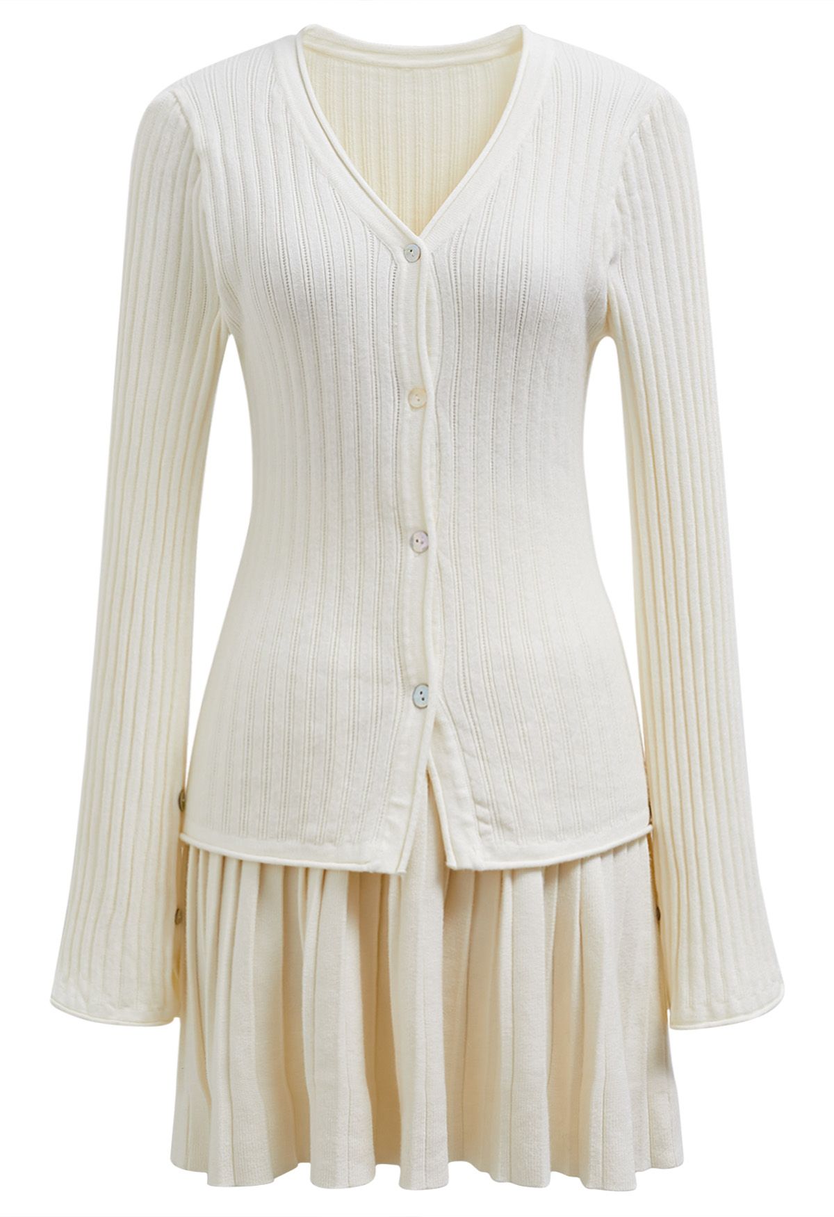 Flare Cuffs Button Knit Top and Mini Skirt in Cream