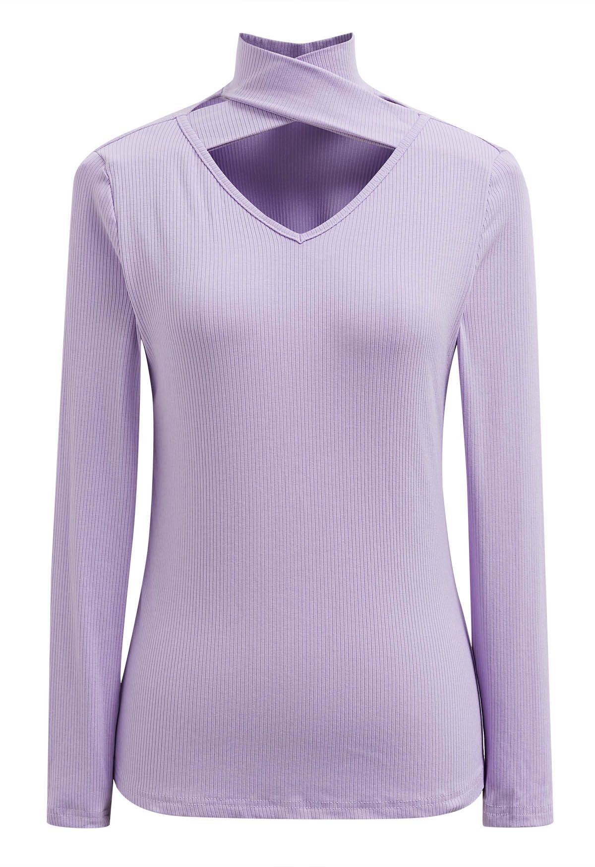 Crisscross Cutout Neckline Long Sleeve Top in Lilac