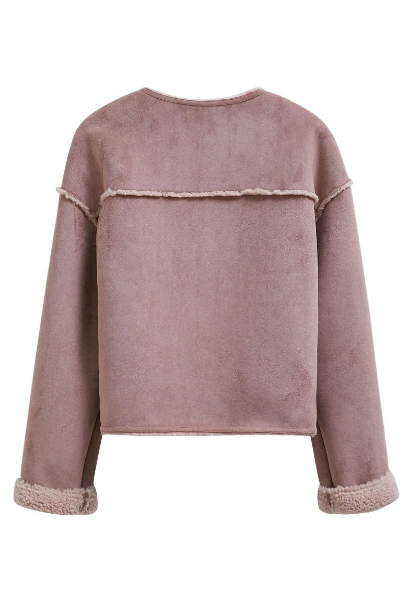 Faux Suede and Fur Button Coat in Mauve