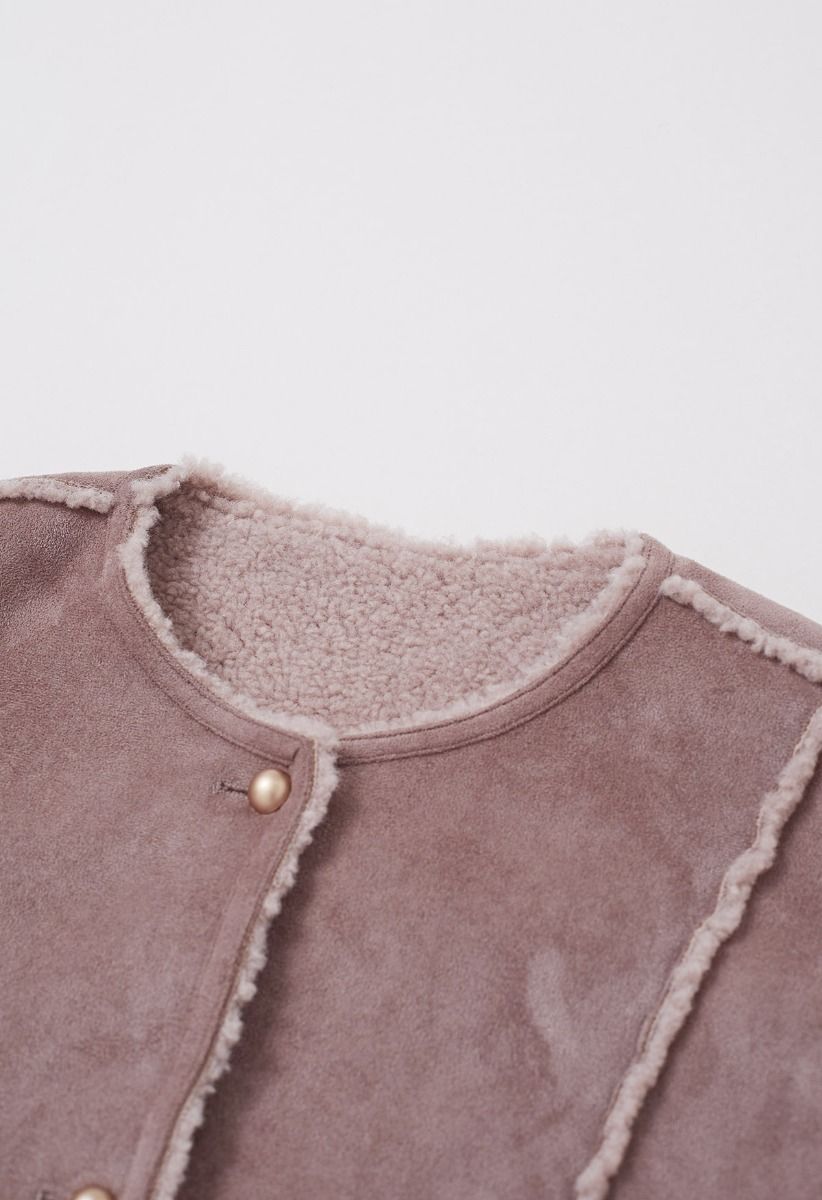 Faux Suede and Fur Button Coat in Mauve