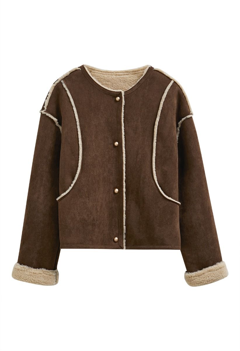 Faux Suede and Fur Button Coat in Chocolate