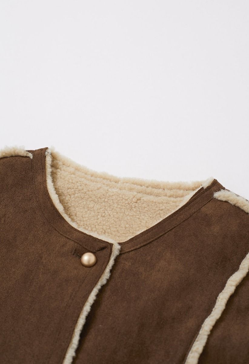 Faux Suede and Fur Button Coat in Chocolate