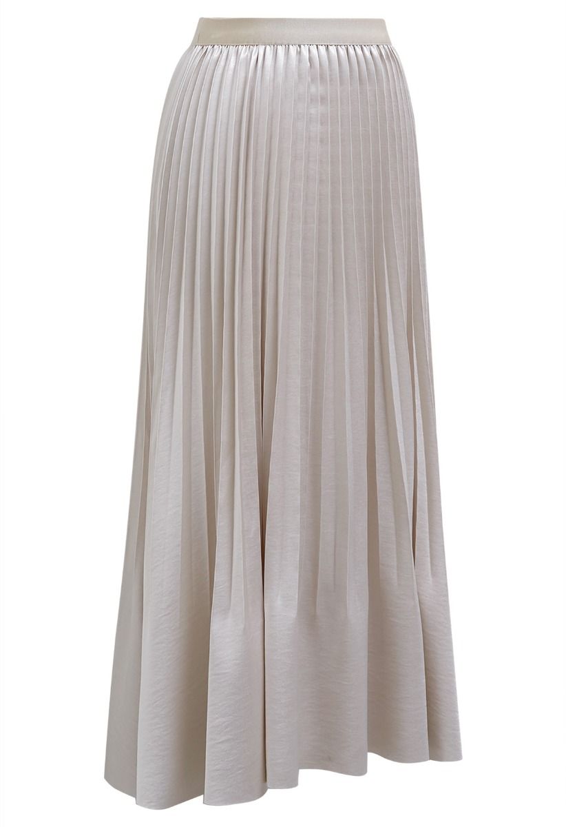 Smooth Satin Pleated Midi Skirt in Cream