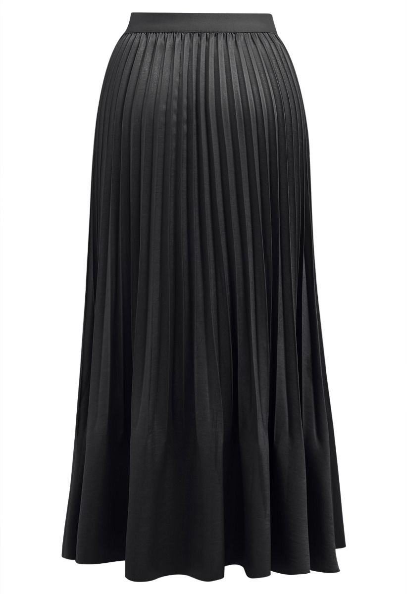 Smooth Satin Pleated Midi Skirt in Black