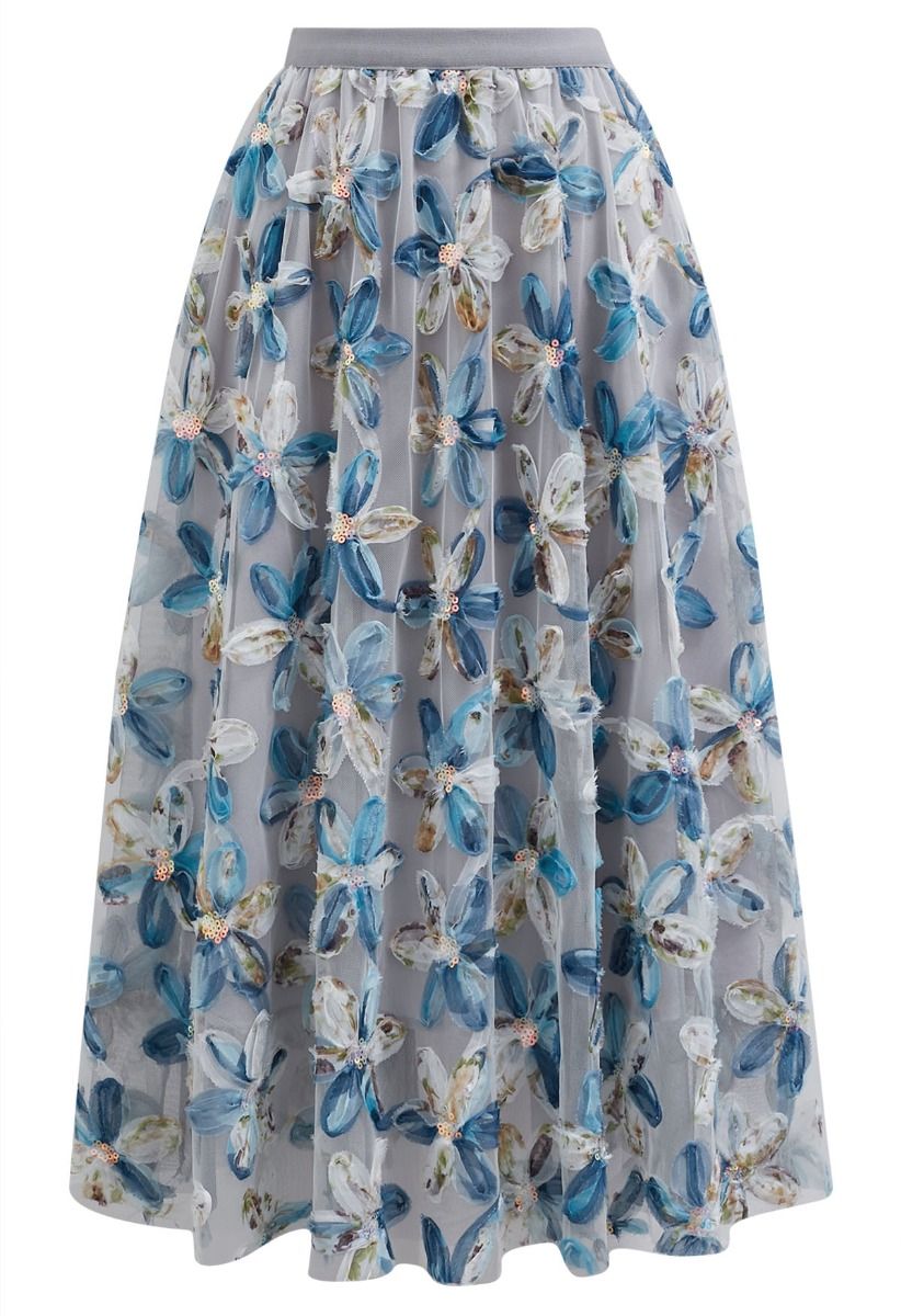 Petal Symphony Double-Layered Mesh Midi Skirt in Blue