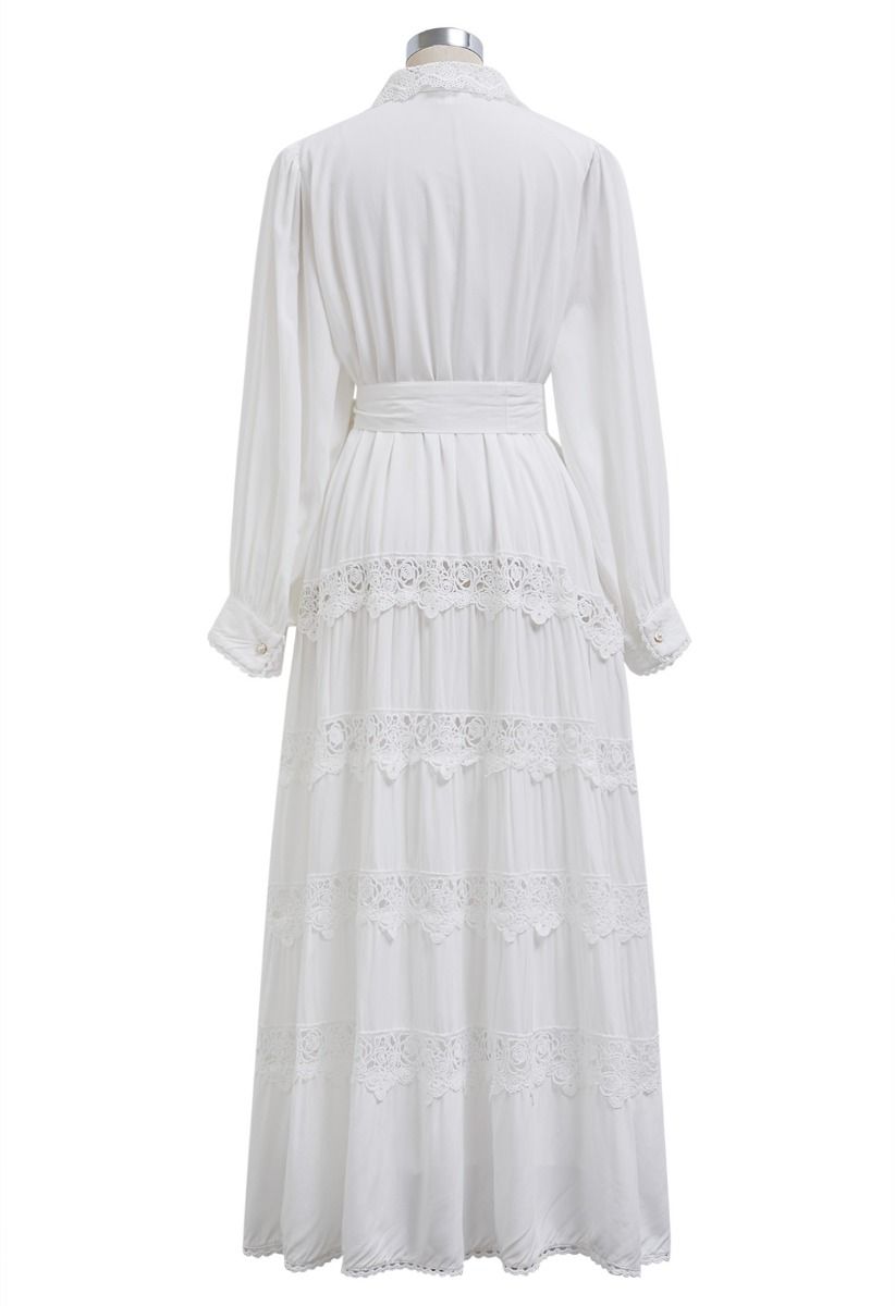 Rose Cutwork Lace Inserted Button Down Maxi Dress in White