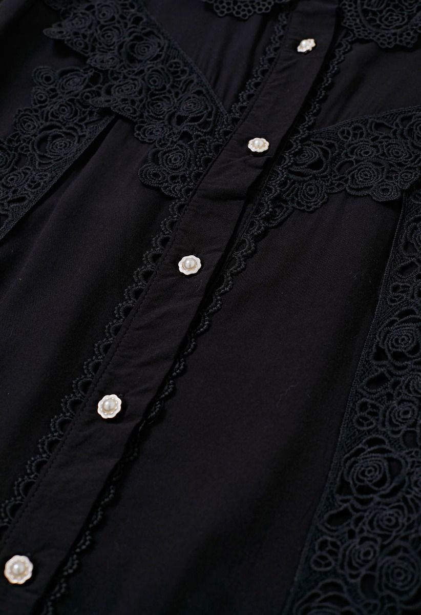 Rose Cutwork Lace Inserted Button Down Maxi Dress in Black