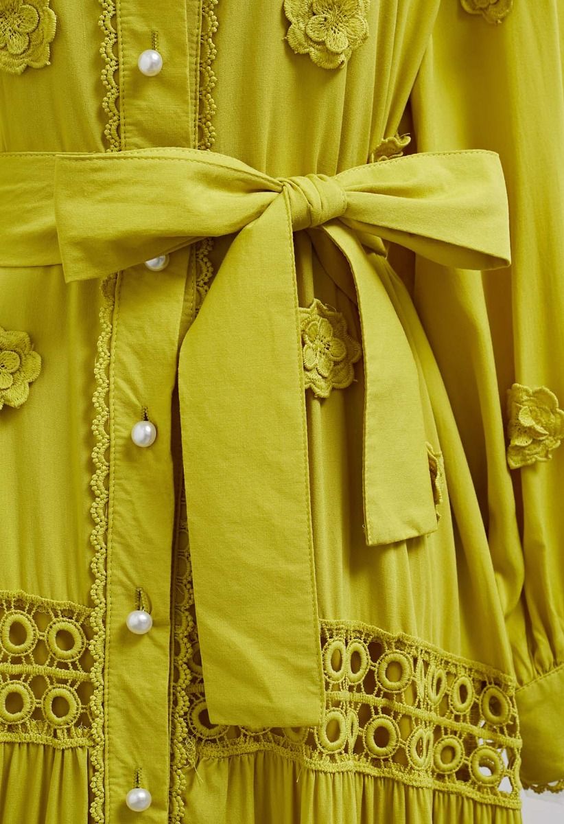 3D Floret Embellished Cutwork Lace Button Down Maxi Dress in Yellow