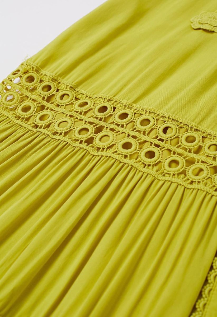 3D Floret Embellished Cutwork Lace Button Down Maxi Dress in Yellow