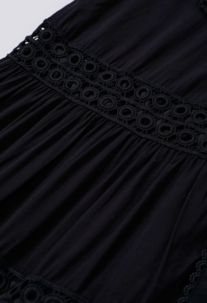 3D Floret Embellished Cutwork Lace Button Down Maxi Dress in Black