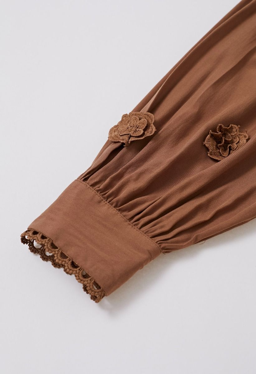 3D Floret Embellished Cutwork Lace Button Down Maxi Dress in Brown