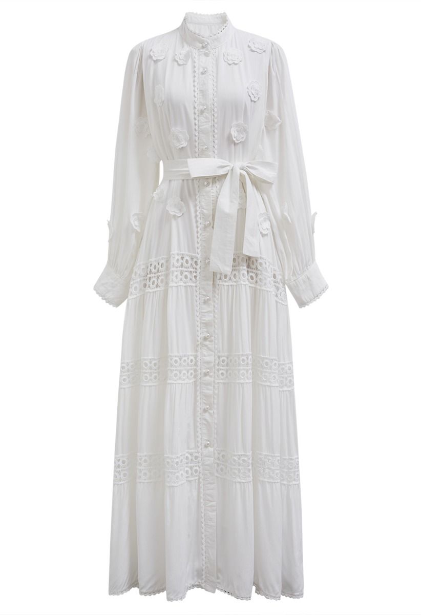 3D Floret Embellished Cutwork Lace Button Down Maxi Dress in White