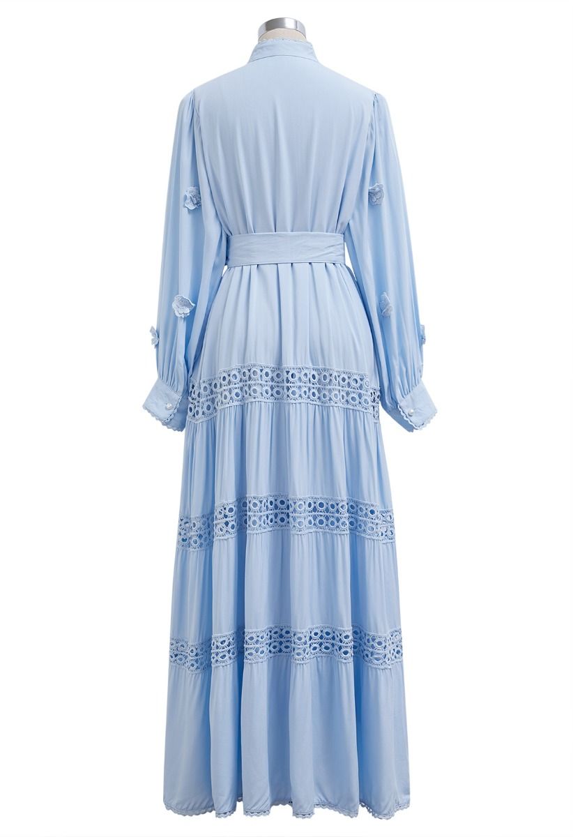 3D Floret Embellished Cutwork Lace Button Down Maxi Dress in Blue