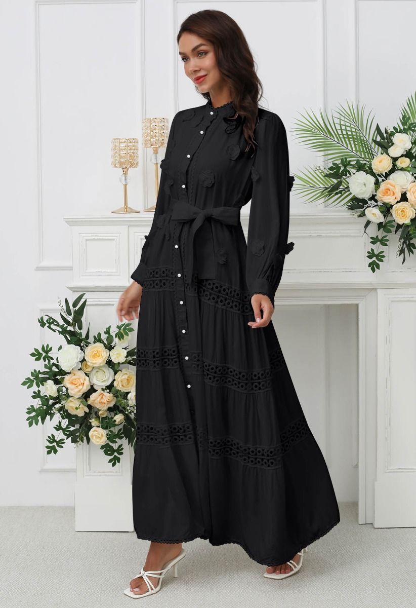 3D Floret Embellished Cutwork Lace Button Down Maxi Dress in Black