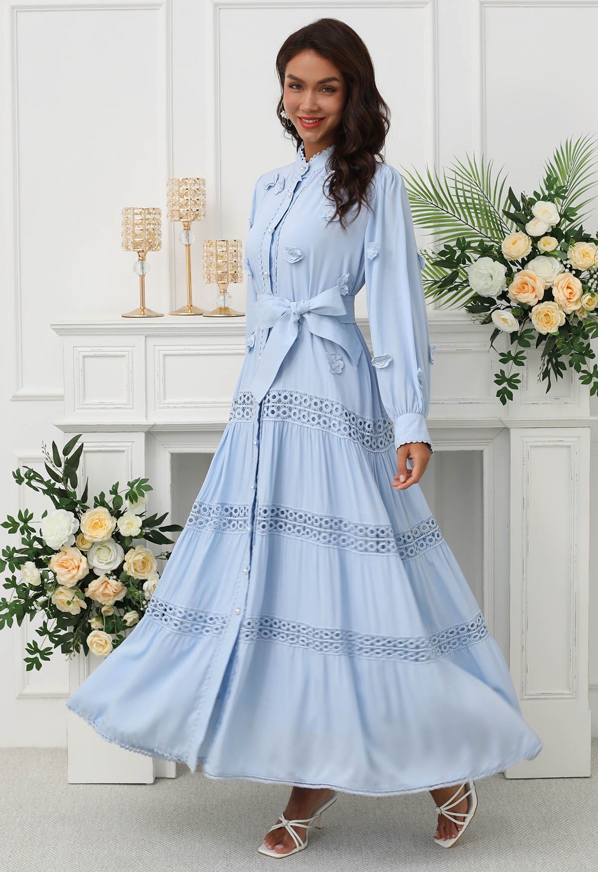 3D Floret Embellished Cutwork Lace Button Down Maxi Dress in Blue