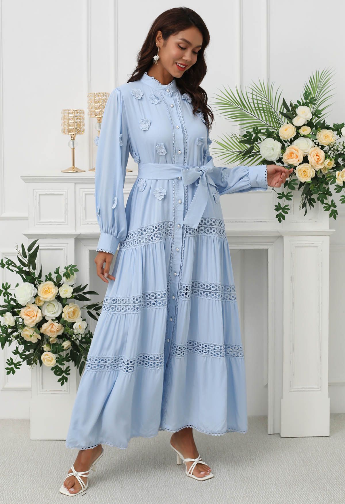 3D Floret Embellished Cutwork Lace Button Down Maxi Dress in Blue