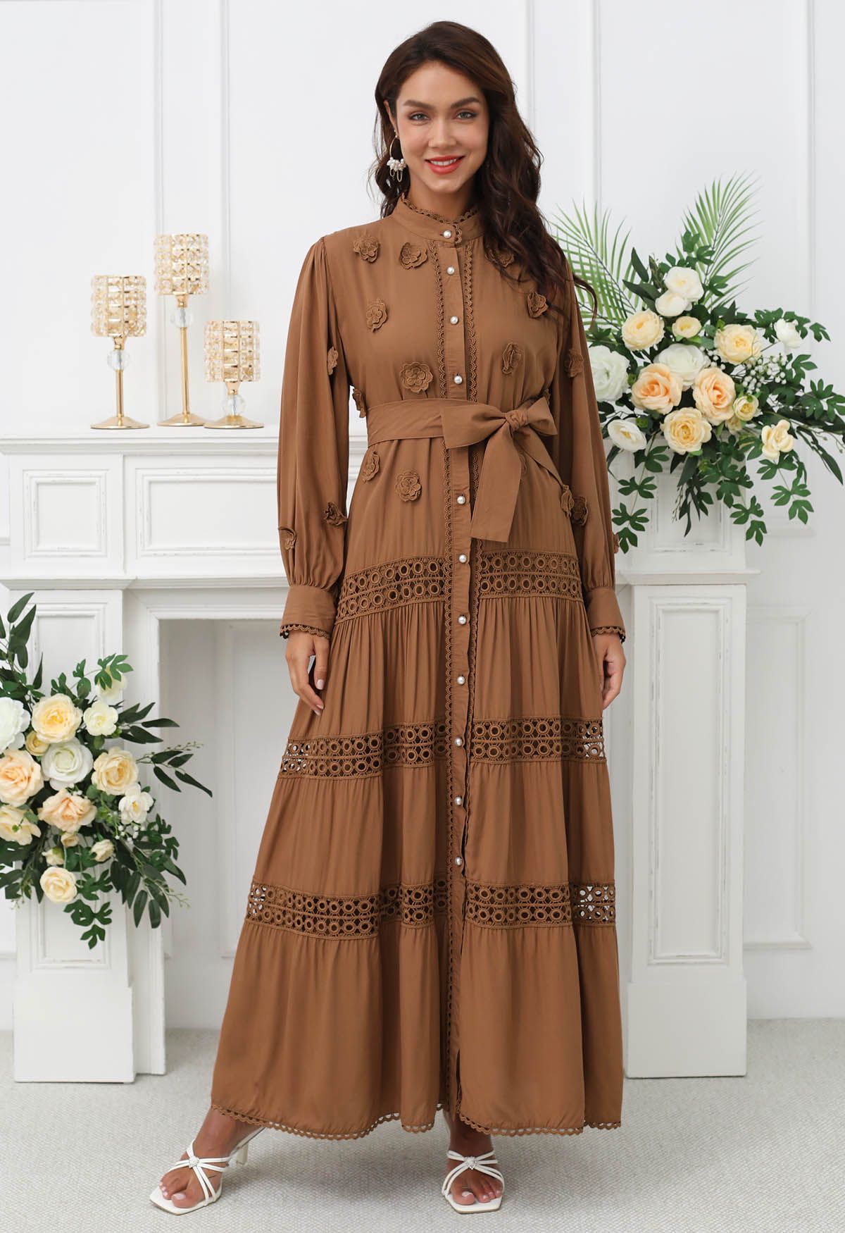 3D Floret Embellished Cutwork Lace Button Down Maxi Dress in Brown