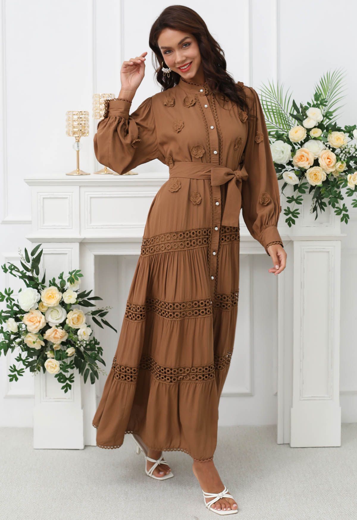 3D Floret Embellished Cutwork Lace Button Down Maxi Dress in Brown