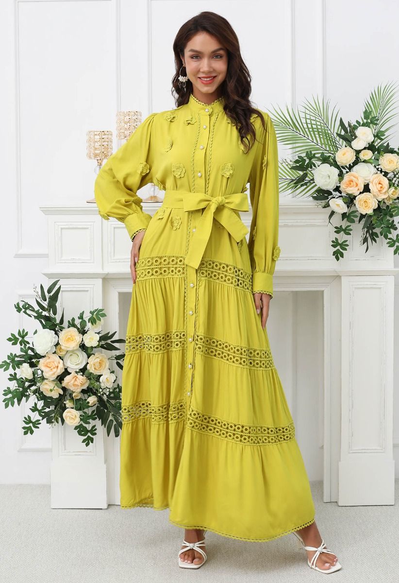 3D Floret Embellished Cutwork Lace Button Down Maxi Dress in Yellow