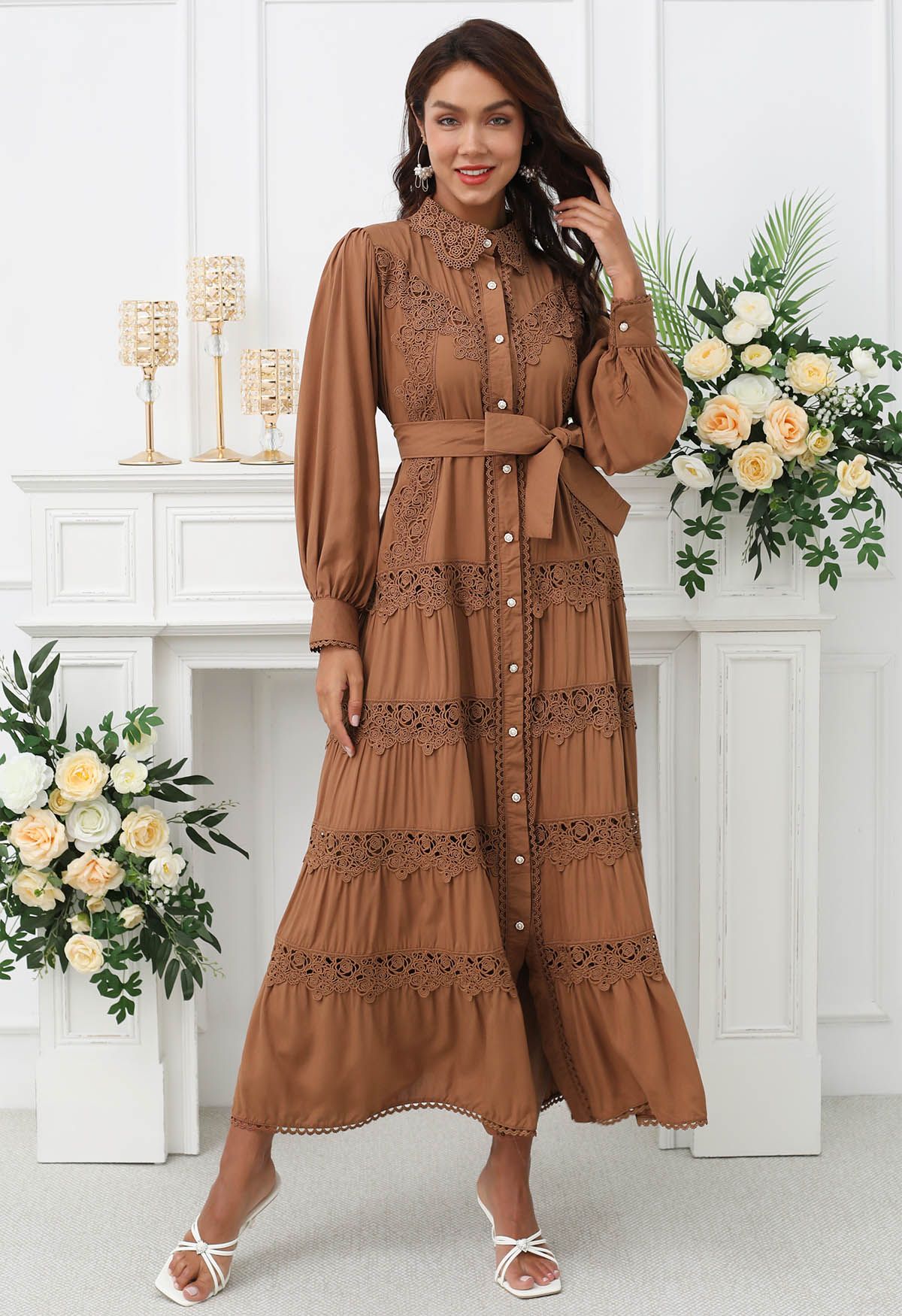 Rose Cutwork Lace Inserted Button Down Maxi Dress in Brown