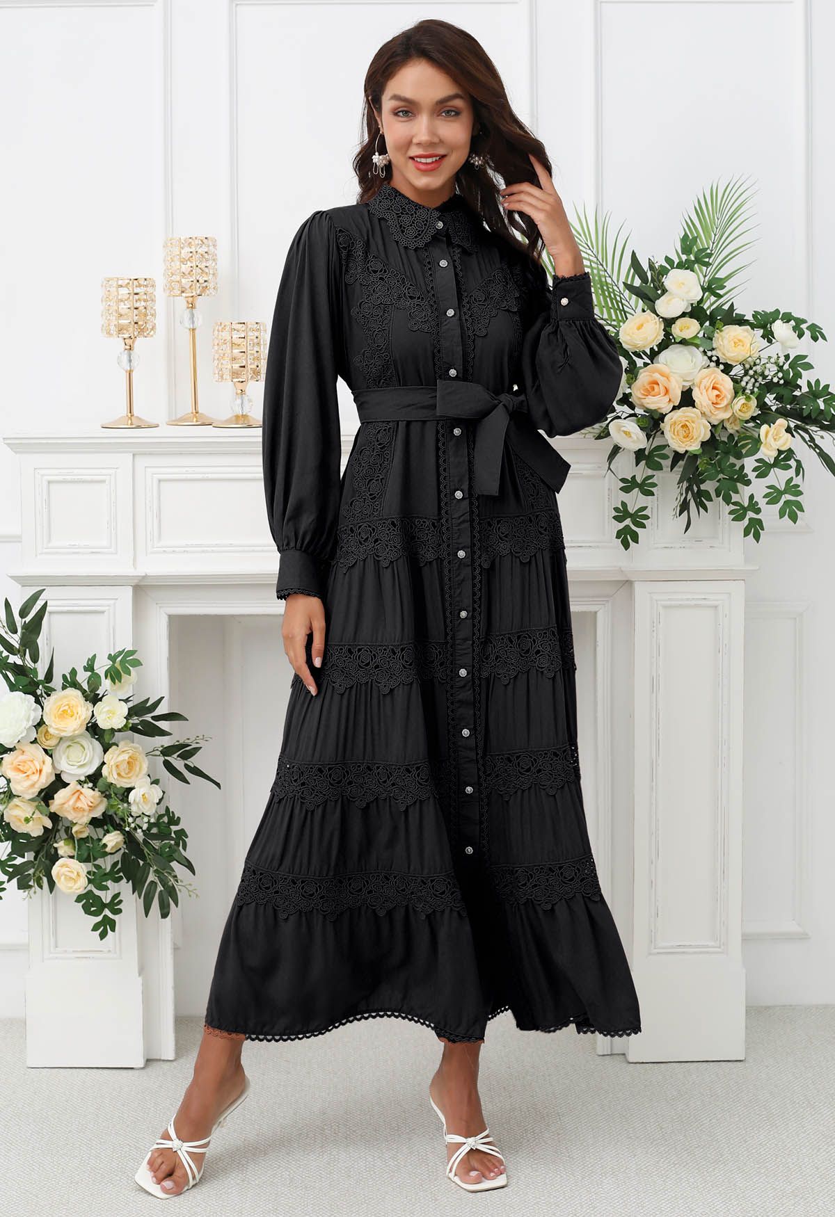 Rose Cutwork Lace Inserted Button Down Maxi Dress in Black