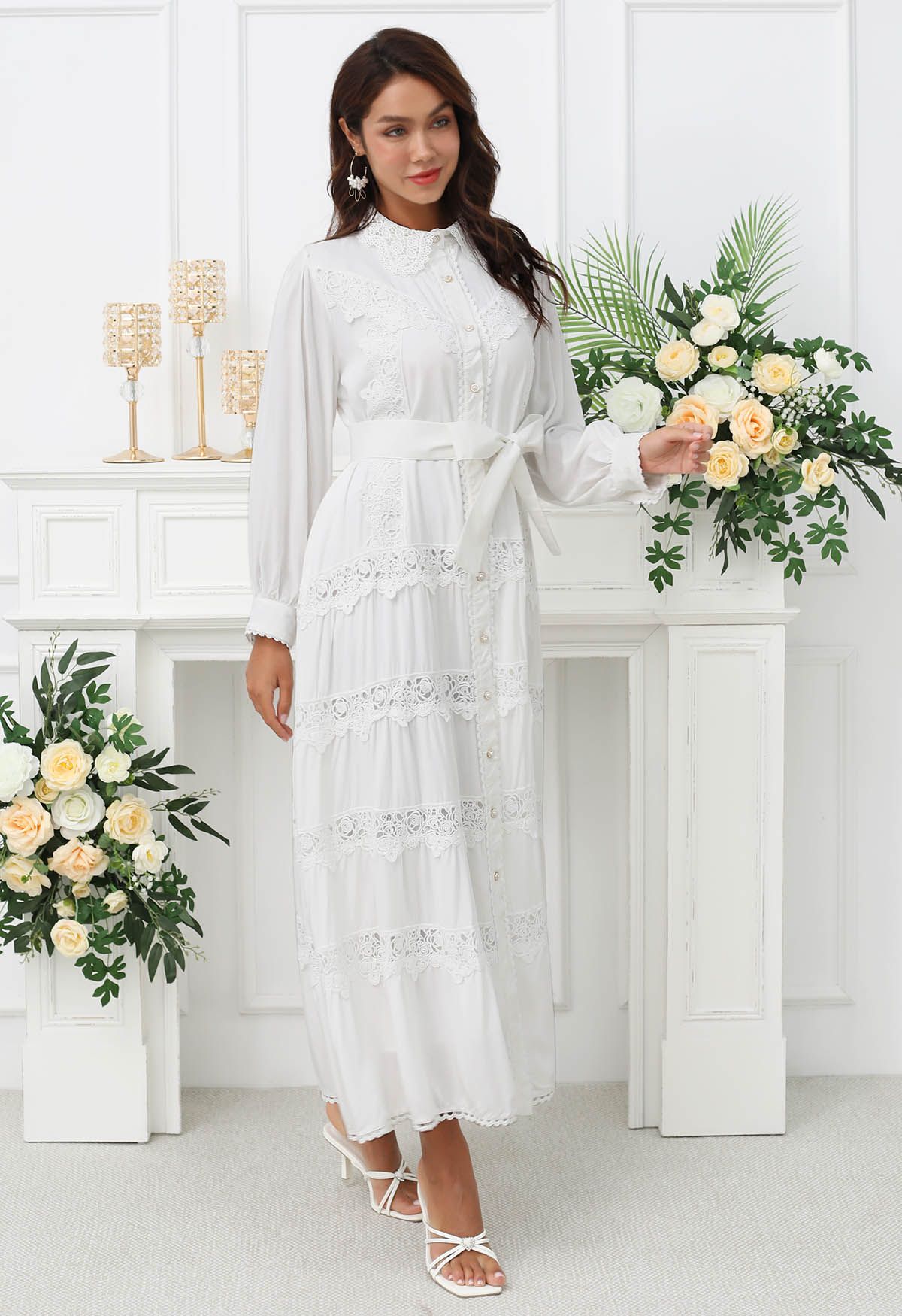 Rose Cutwork Lace Inserted Button Down Maxi Dress in White