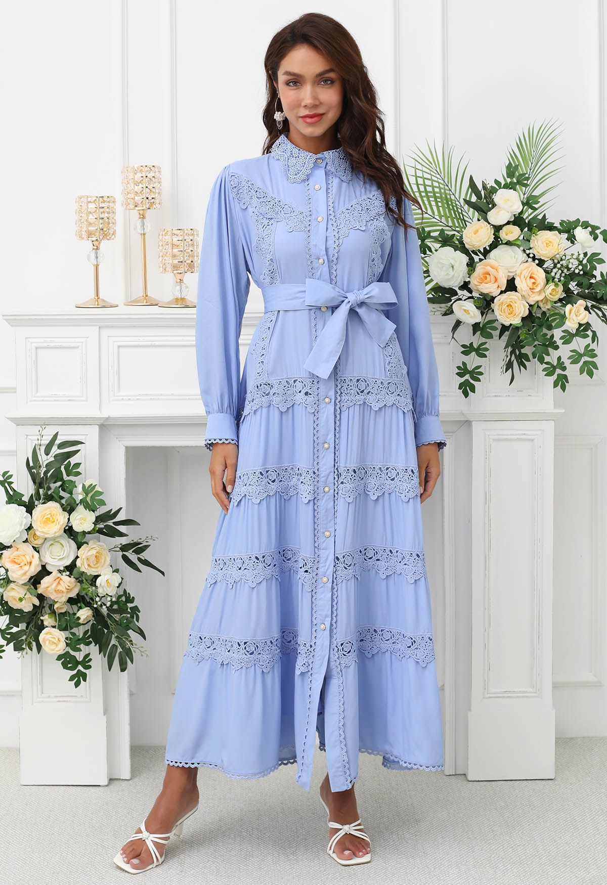 Rose Cutwork Lace Inserted Button Down Maxi Dress in Blue