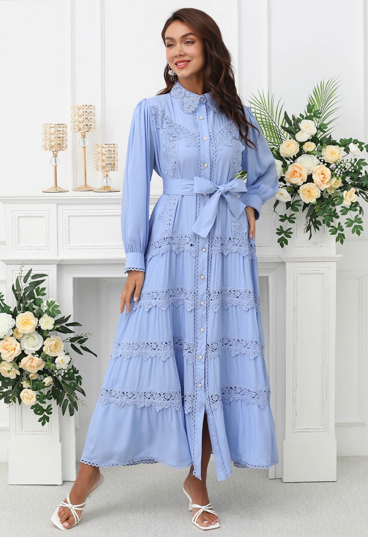 Rose Cutwork Lace Inserted Button Down Maxi Dress in Blue