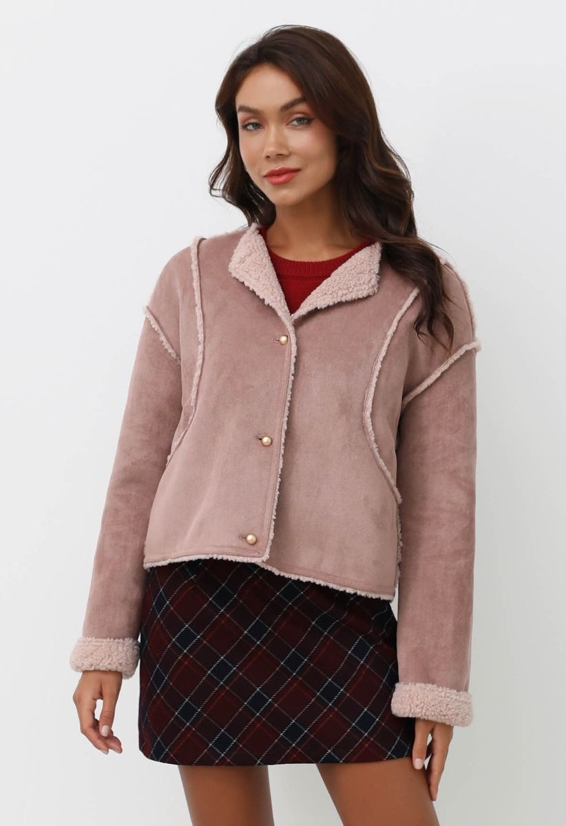 Faux Suede and Fur Button Coat in Mauve