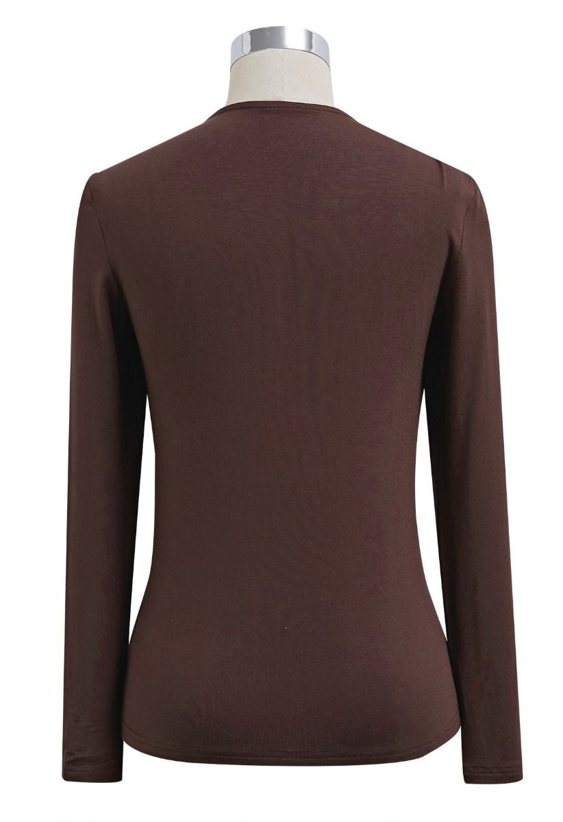 Allure Crisscross Neck Cutout Long-Sleeve Top in Chocolate