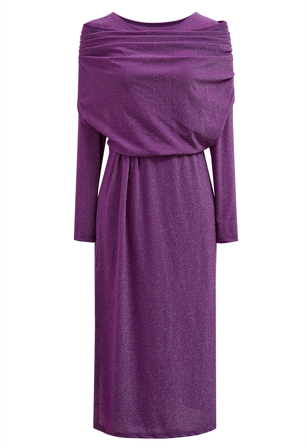 Shimmery Thread Fake Two-Piece Midi Dress in Purple