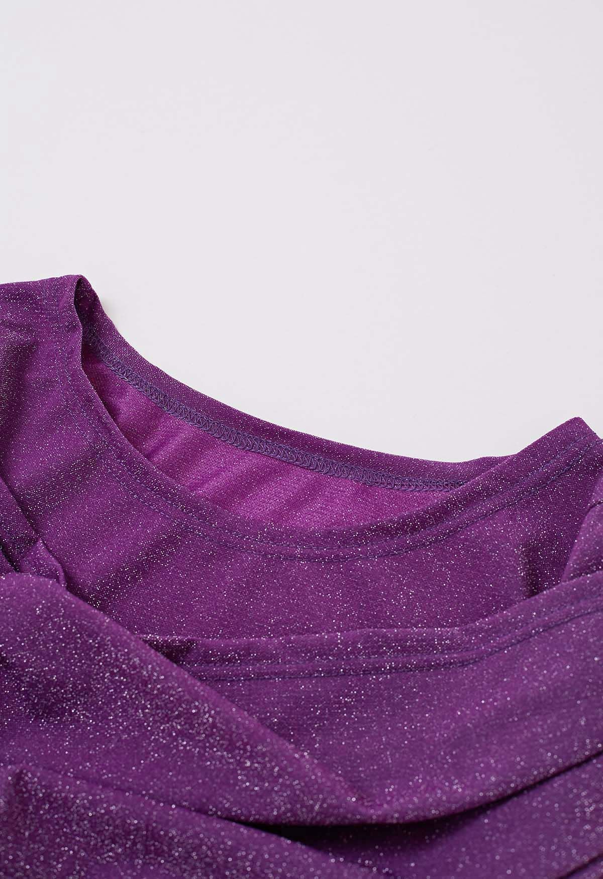 Shimmery Thread Fake Two-Piece Midi Dress in Purple