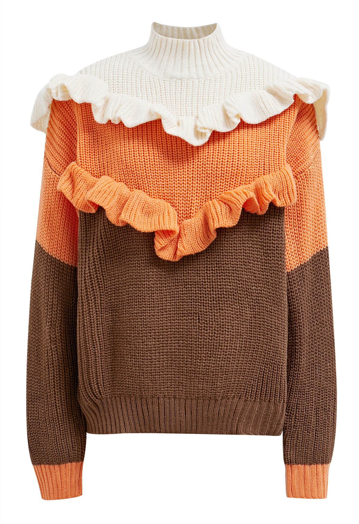 Color Block Ruffle Trim Knit Sweater