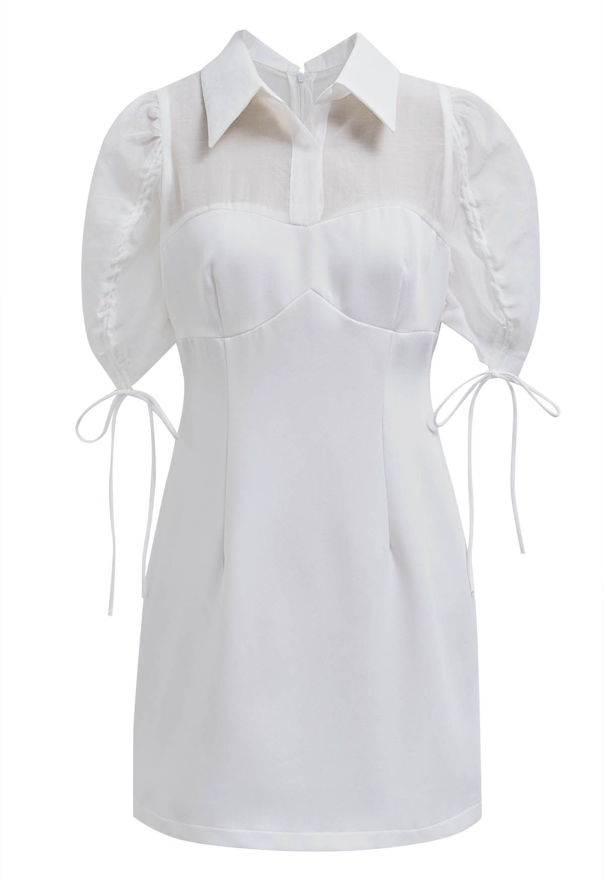 Drawstring Sleeve Collared Spliced Mini Dress in White