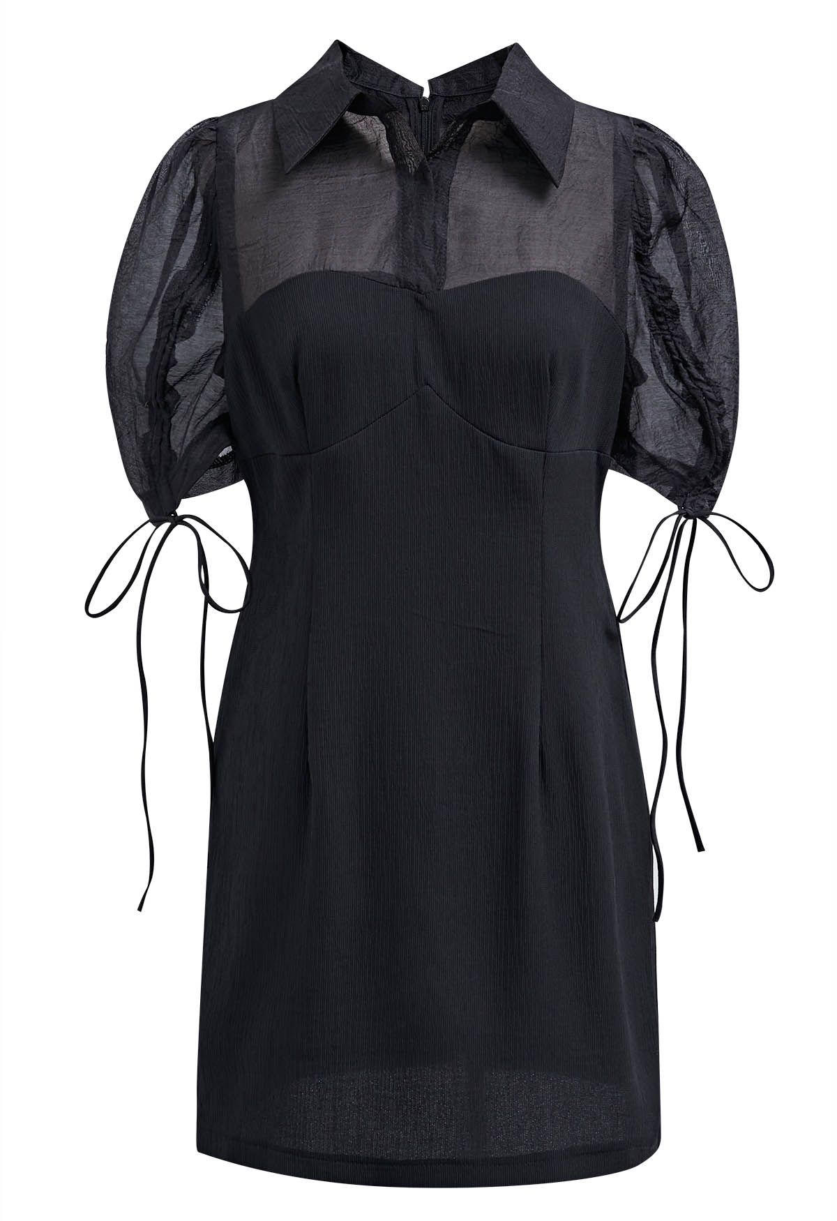 Drawstring Sleeve Collared Spliced Mini Dress in Black