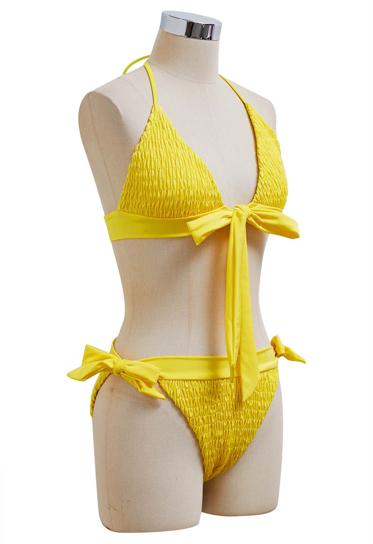 Lemon Glow Embossed Halter Bikini Set